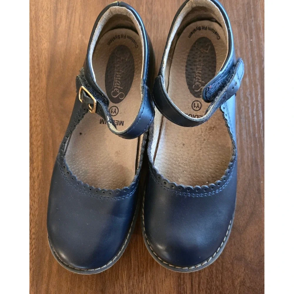 Footmates Girls Navy Blue Leather Scalloped Mary Jane Shoes Size 1Y Medium